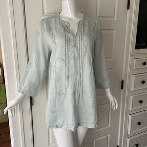 Saint Tropez West 100% Linen Tunic Top Blue Pintuck V Neck Roll Tab Embroidery L